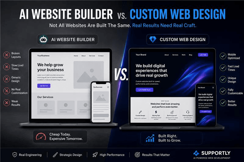 AI website builder vs custom web design comparison showing the differences in website performance, customization, SEO, and business results.