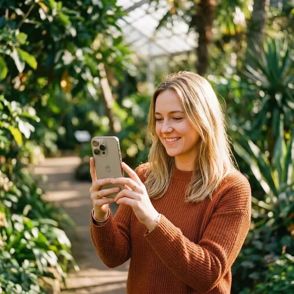 Woman reading a website on her phone in a sunlit greenhouse, representing mobile accessibility and real world browsing
