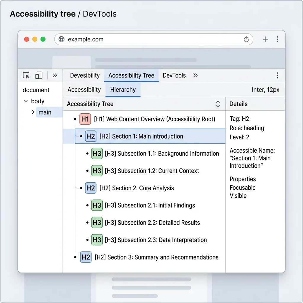 Accessibility tree outline view showing clean, structured nesting of H1, H2, and H3 elements