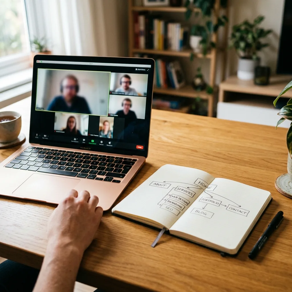 Laptop screen showing a video conference call and a notebook with a sketched site map
