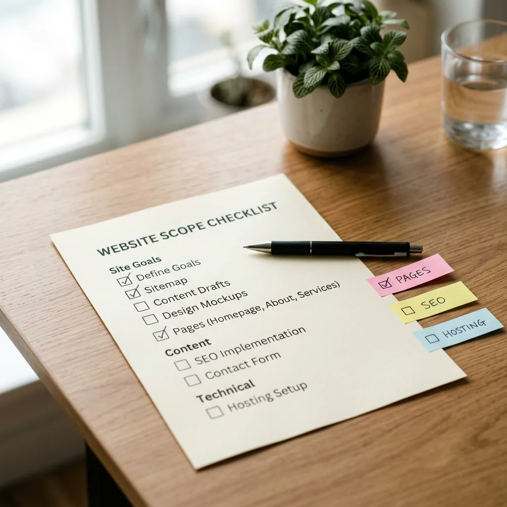 Top down view of printed website scope checklist, pen, and colorful sticky notes on a desk
