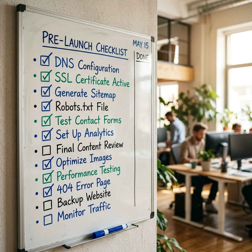 Launch checklist document listing DNS verification, SSL setup, sitemap submission, and forms testing
