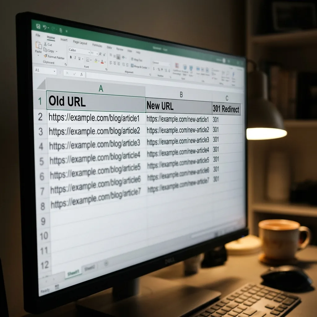 Spreadsheet redirect map columns with Source URL, Target URL, and 301 Redirect type highlighted
