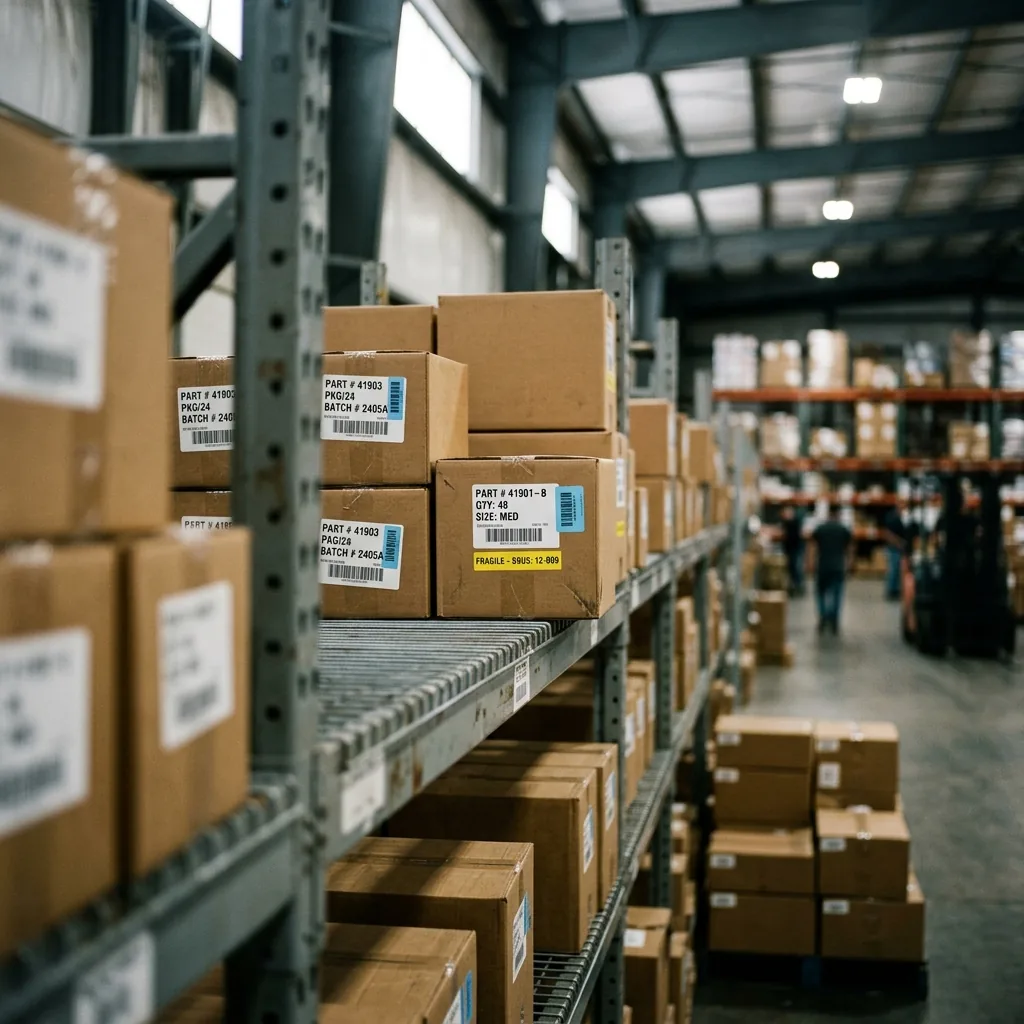 Industrial warehouse shelves filled with organized boxes and product inventory