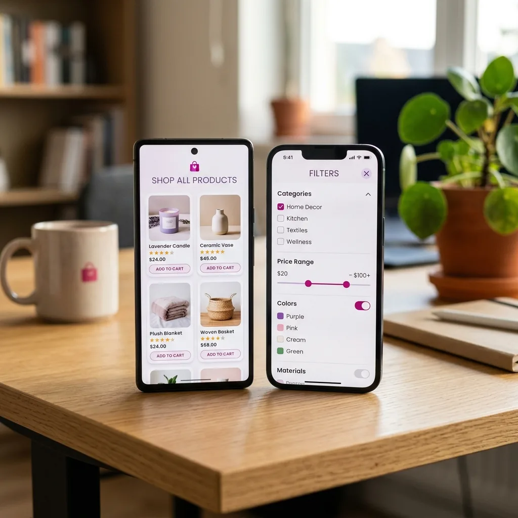 Two smartphones side by side displaying mock product grids and category filters in modern UI designs