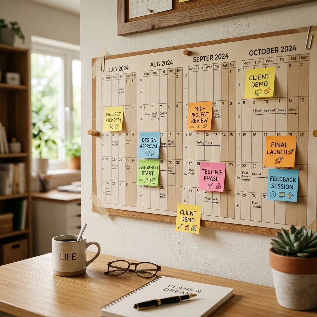 Timeline wall calendar with milestone sticky notes showing launch stages