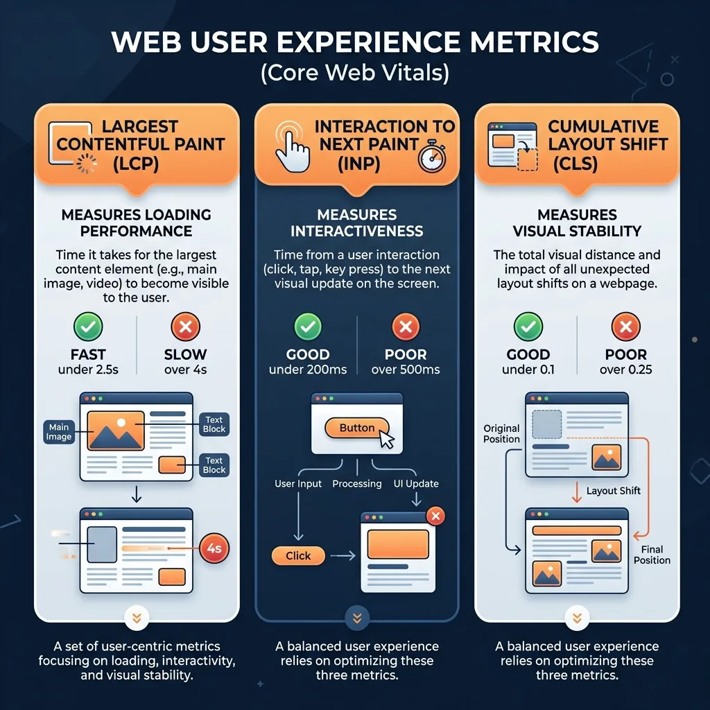 Core Web Vitals diagram explaining LCP, INP, and CLS performance metrics