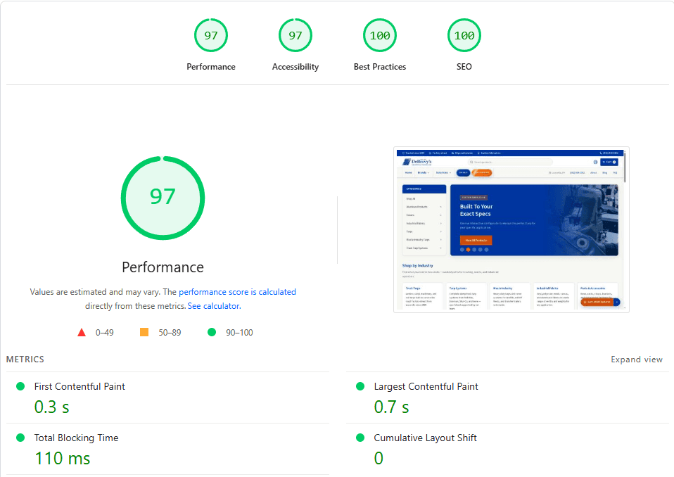 DeBrovys desktop PageSpeed score after Next.js rebuild
