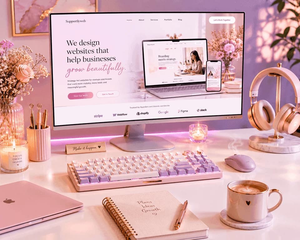 Supportlyweb creative workspace with website design on monitor