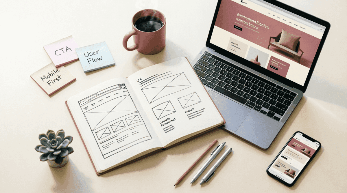 Web design workspace with laptop and mobile mockups